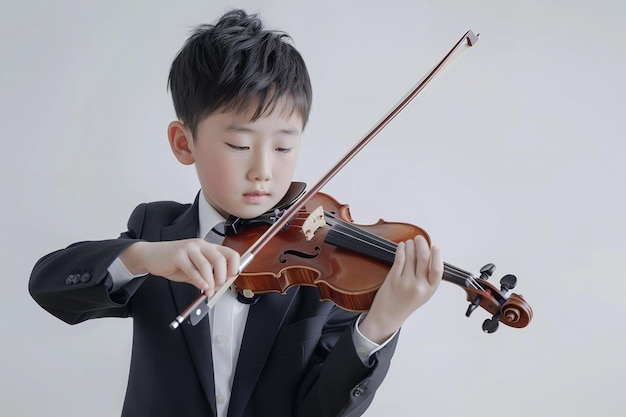 Um jovem asiático de terno preto surgiu tocando violino sobre um cenário branco.