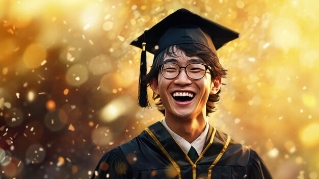 Um jovem asiático feliz vestindo um boné e um vestido de formatura. Um homem sorridente radiante de felicidade.