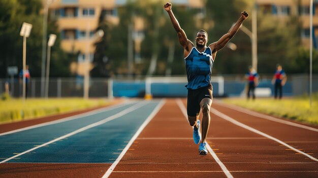 Um jovem atleta está correndo em um estádio. Ele está na liderança e tem os braços levantados em vitória.