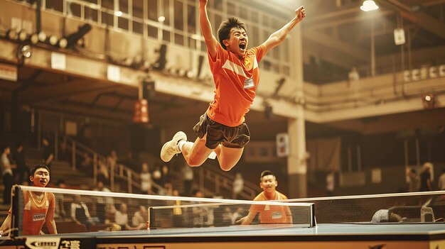 Um jovem atleta masculino de camisa laranja está pulando no ar em celebração depois de vencer uma partida de tênis de mesa