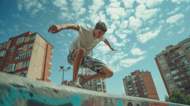 Foto um jovem atleta praticando parkour se move em papel de parede