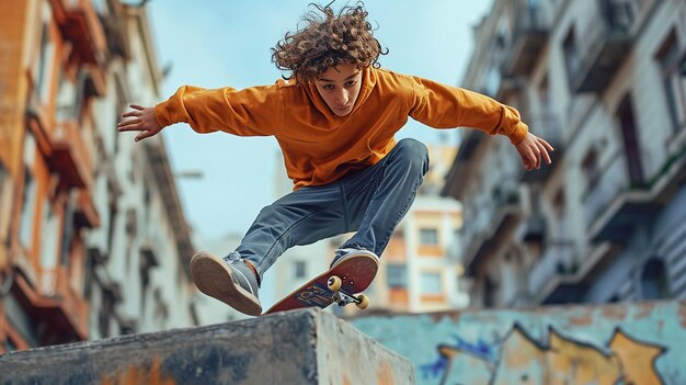 Foto um jovem atleta praticando parkour se move em papel de parede