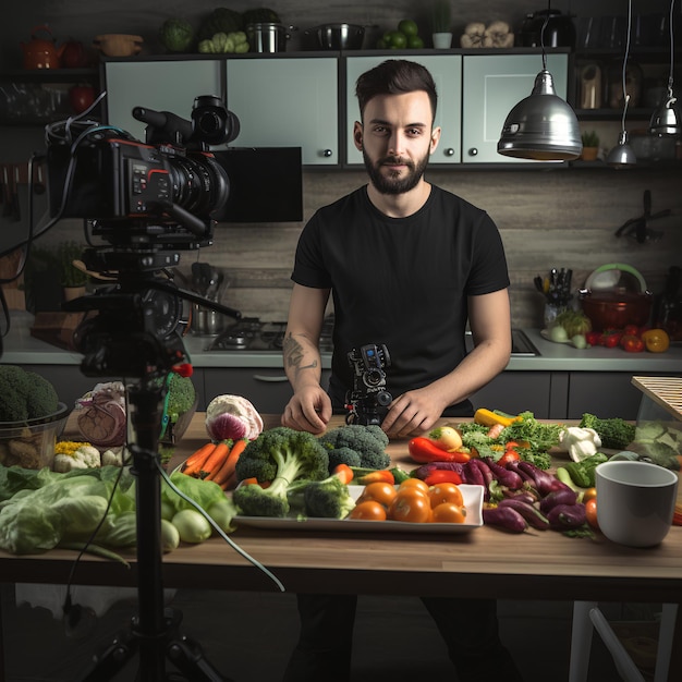 Foto um jovem blogueiro de comida está gravando um tutorial de vídeo no telefone