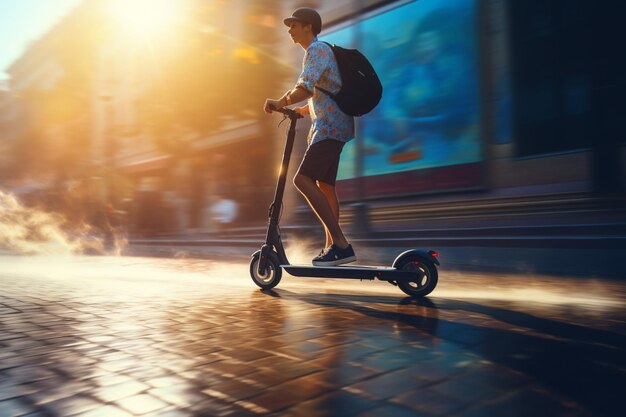 Um jovem bonito a andar de scooter elétrico na cidade.