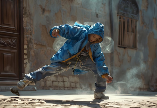 Um jovem bonito a dançar breakdance na rua.