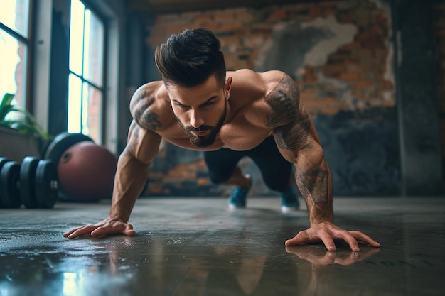 Um jovem bonito a fazer flexões no ginásio com IA gerada