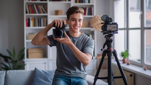 Foto um jovem bonito a filmar o episódio do seu vídeo blog.