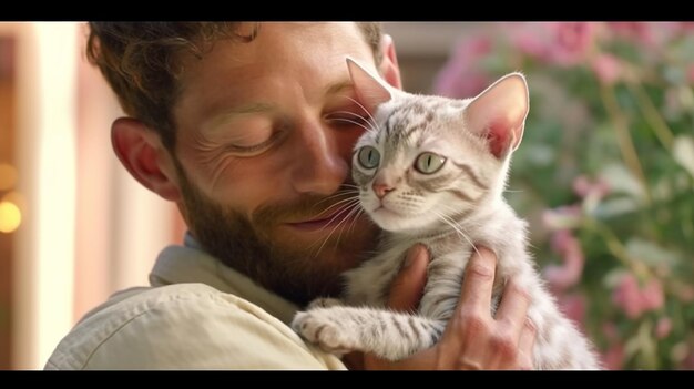 Um jovem bonito abraçando e acariciando seu lindo gatinho colorido devon rex Animais domésticos