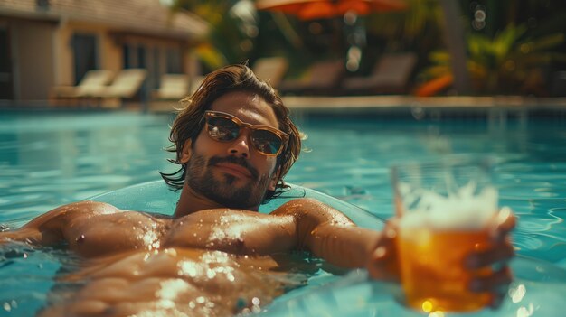 Um jovem bonito com um copo de cerveja na piscina.