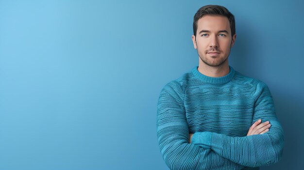 Um jovem bonito de camisola azul posa contra um fundo azul Ele tem os braços cruzados e está olhando para a câmera com um sorriso confiante