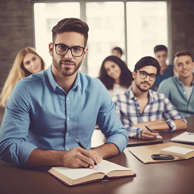 Um jovem bonito de óculos está escrevendo algo no caderno e sorrindo