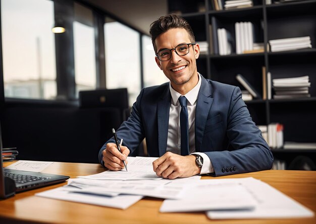 Um jovem bonito de terno e óculos está sentado à mesa e sorrindo enquanto trabalha.