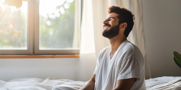 Um jovem bonito e feliz acorda de manhã, senta-se na cama e estende-se depois de um bom sono.