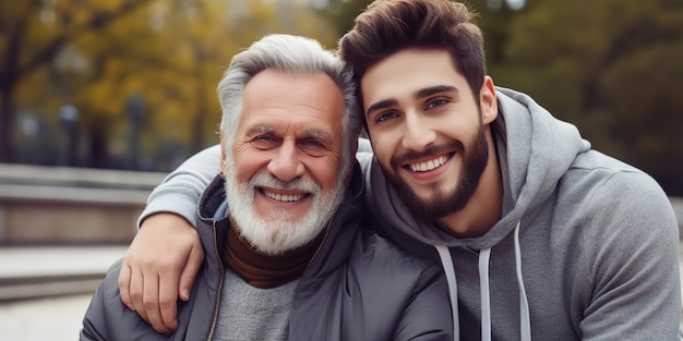 Um jovem bonito e sorridente com um moletom cinza abraçando seu pai de cabelos grisalhos há anos torcendo por ele