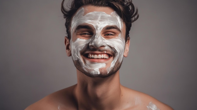 Um jovem bonito e sorridente com uma máscara facial de beleza IA generativa