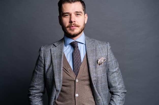 Um jovem bonito elegante confiante em frente a um fundo cinza em um estúdio, vestindo um belo terno.