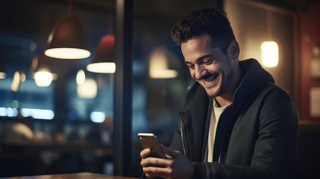 Um jovem bonito enviando mensagens de texto e usando seu smartphone móvel e sorrindo em um café bar blurry bac
