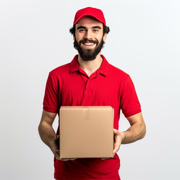 Um jovem bonito vestindo uniforme vermelho entregando um pacote sobre um fundo branco