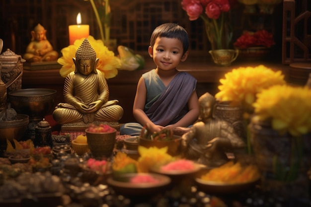 Um jovem buda senta-se no jardim com uma flor de lótus e velas Fundo para a celebração do festival vesak