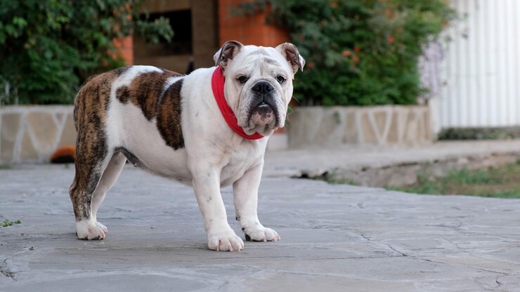 Foto um jovem buldogue inglês de coleira vermelha caminha ao lado da casa no quintal e olhando para o camer