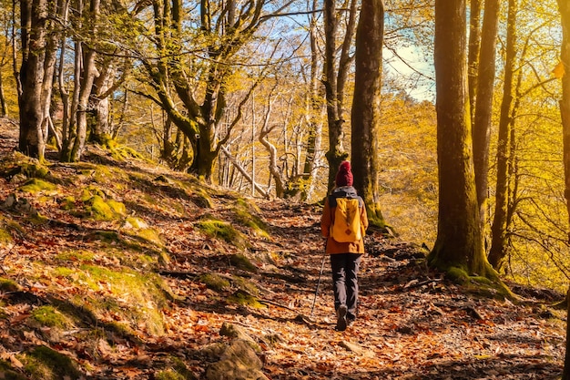 Um jovem caminhante visitando o parque natural artikutza no outono