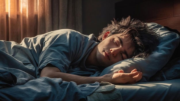 Um jovem cansado e cansado deitado e dormindo na cama.