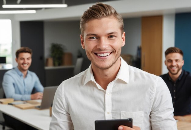 Um jovem carismático segurando um smartphone sorri no trabalho ele usa uma camisa branca casual