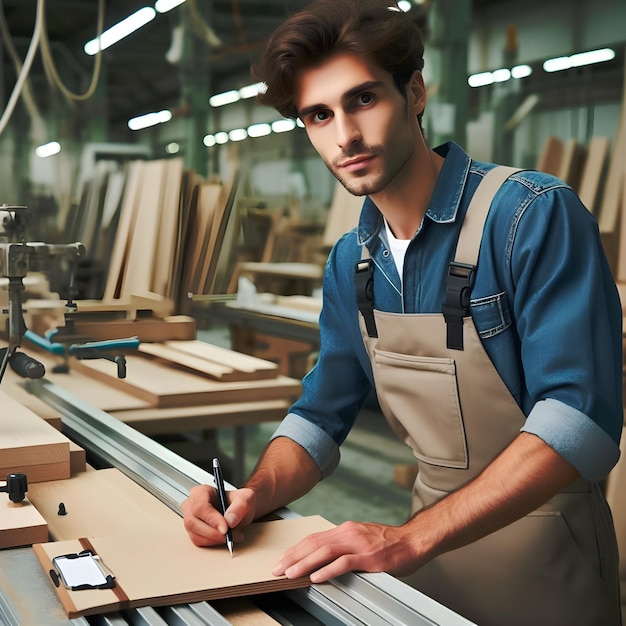 Um jovem carpinteiro trabalha com tábuas de madeira em uma oficina de fabricação de móveis