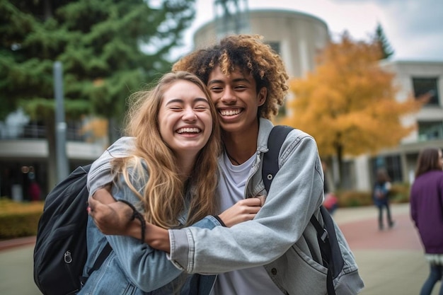 Um jovem casal a abraçar-se em frente a um edifício.