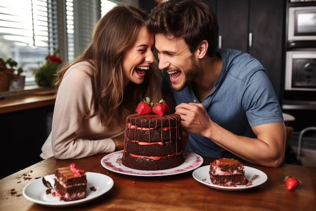 Um jovem casal a alimentar-se de bolo de chocolate.