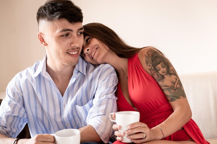 Foto um jovem casal a beber café na mesa ao ar livre.