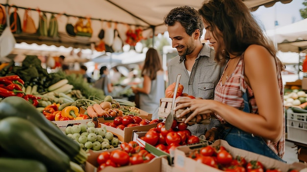 Um jovem casal a comprar produtos frescos num mercado de agricultores, estão a sorrir e a olhar para os tomates.