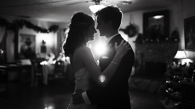 Foto um jovem casal a dançar na recepção do casamento. o foco é no casal.