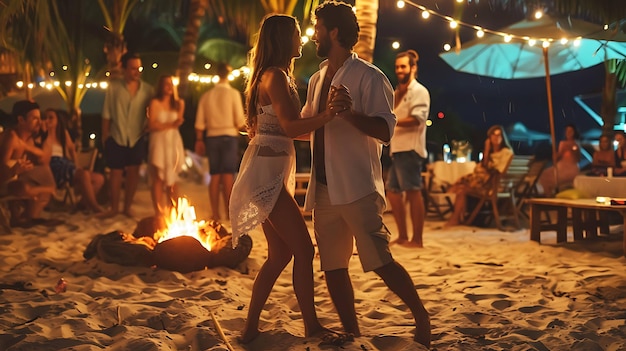 Um jovem casal a dançar numa festa na praia, cercados por amigos, uma fogueira e um dossel de luzes cintilantes, o clima é romântico e festivo.