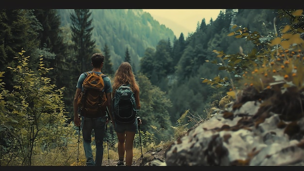 Foto um jovem casal a fazer uma caminhada nas montanhas. estão a usar mochilas e a carregar paus de trekking.