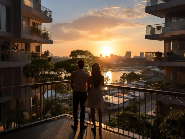 Foto um jovem casal a olhar para a sua nova casa.