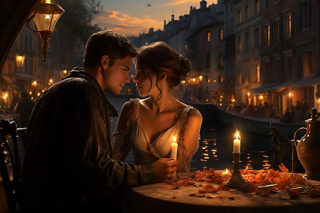 Um jovem casal a passar um encontro romântico em Veneza.