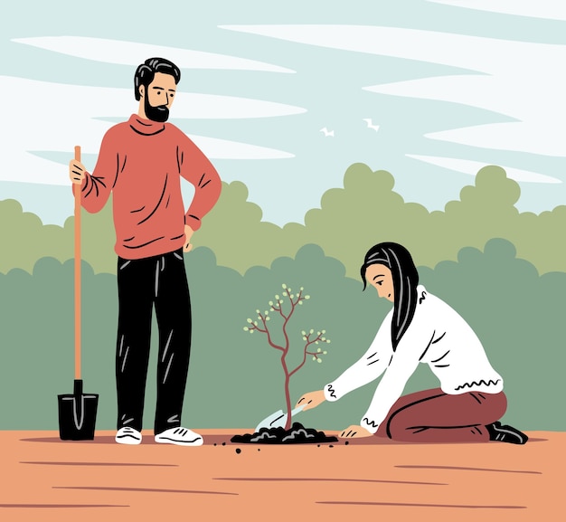 Um jovem casal a plantar uma árvore