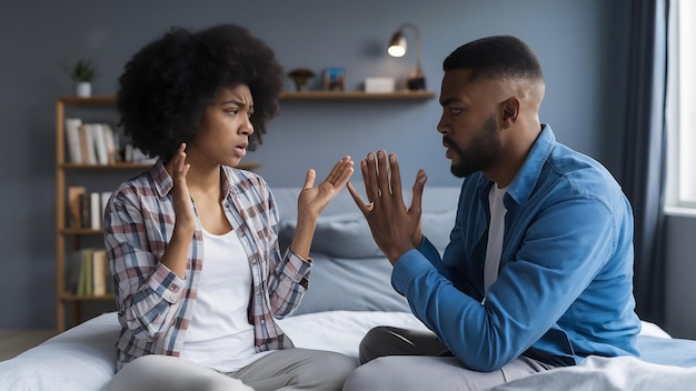 Um jovem casal a ter um conflito e a discutir no quarto. O foco é na mulher.