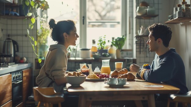 Um jovem casal a tomar o pequeno-almoço de manhã em casa.