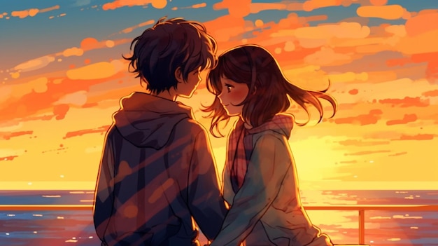 Um jovem casal abraçando-se vendo o pôr-do-sol na praia