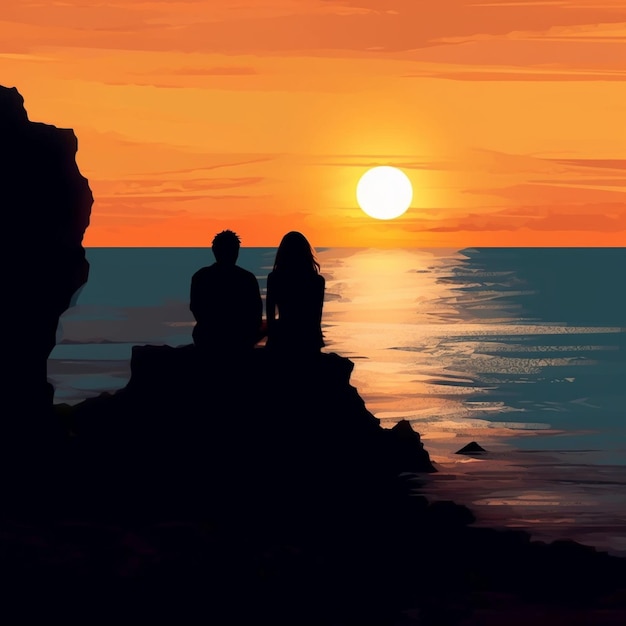 Foto um jovem casal abraçando-se vendo o pôr-do-sol na praia