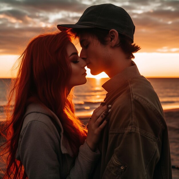 Um jovem casal abraçando-se vendo o pôr-do-sol na praia