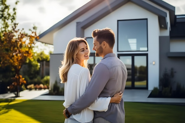 Foto um jovem casal afundou o jardim de uma casa moderna.