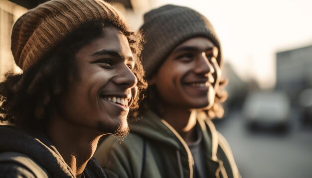 Foto um jovem casal alegre se abraça sorrindo e rindo juntos ao ar livre gerado por ia