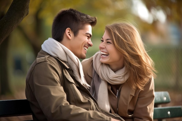 Um jovem casal amoroso compartilhando uma risada enquanto está sentado no parque