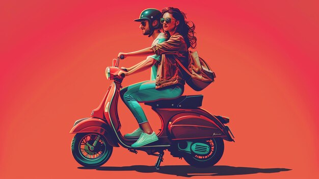 Um jovem casal anda de scooter pela cidade, ambos com capacetes e óculos de sol.