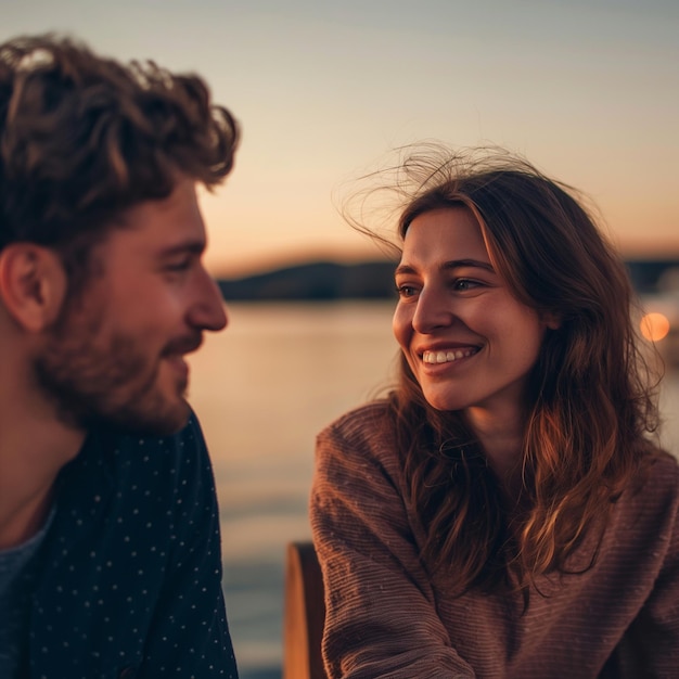 Foto um jovem casal ao pôr-do-sol a falar e a sorrir.