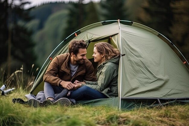 Um jovem casal apaixonado a acampar na floresta.