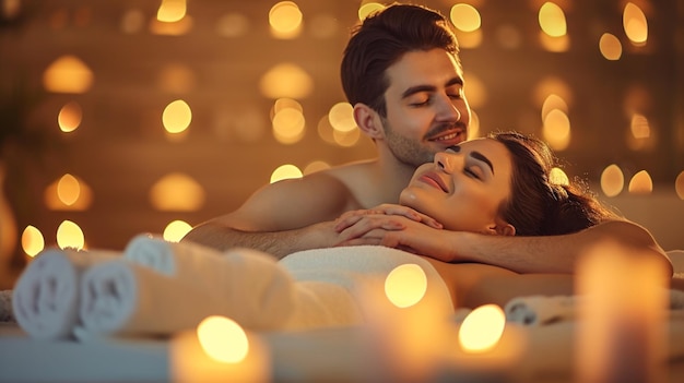 Foto um jovem casal apaixonado a relaxar no spa.